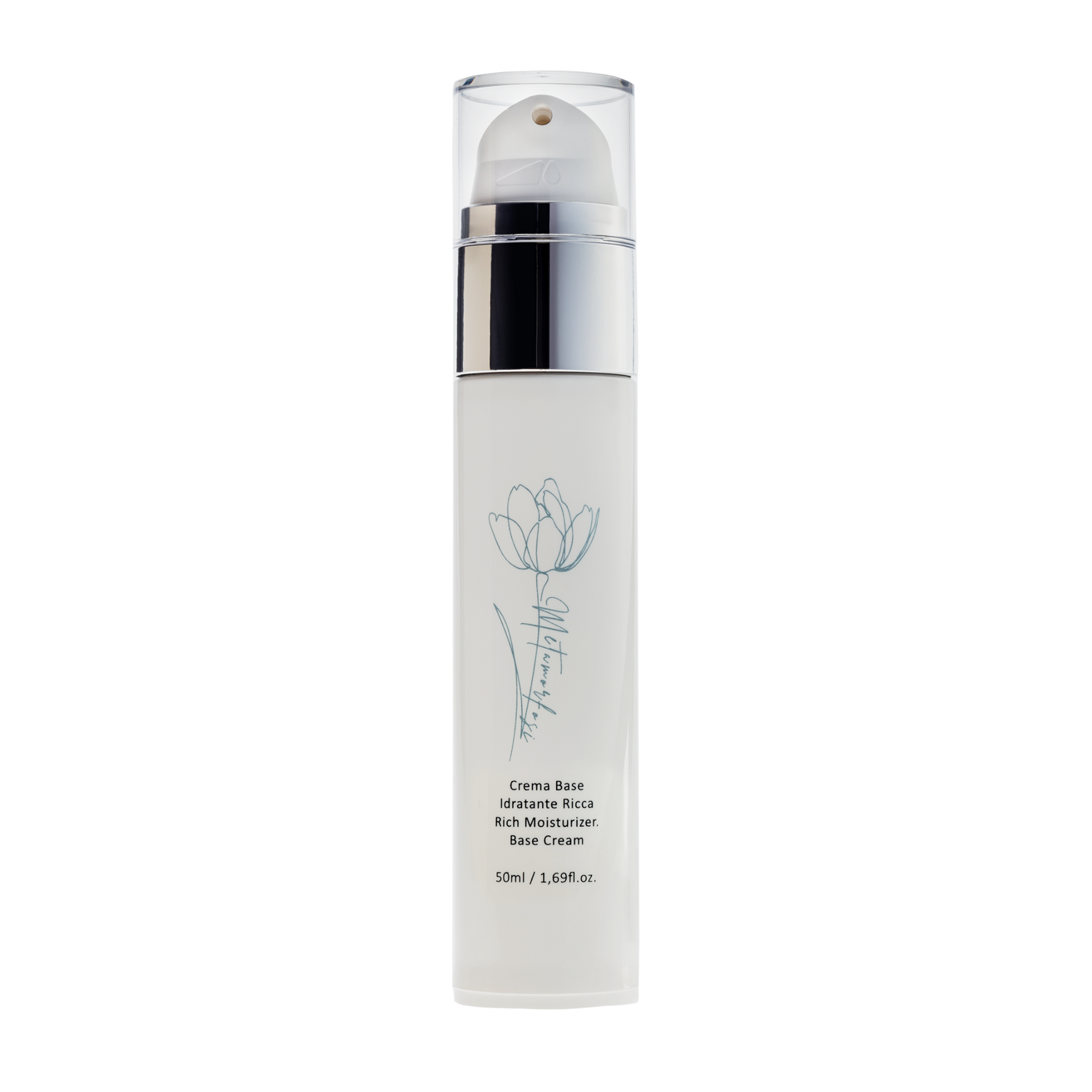 50ml airless bottle with hyaluronic acid rich moisturizer by Metamorfosi Skincare, Made In Italy