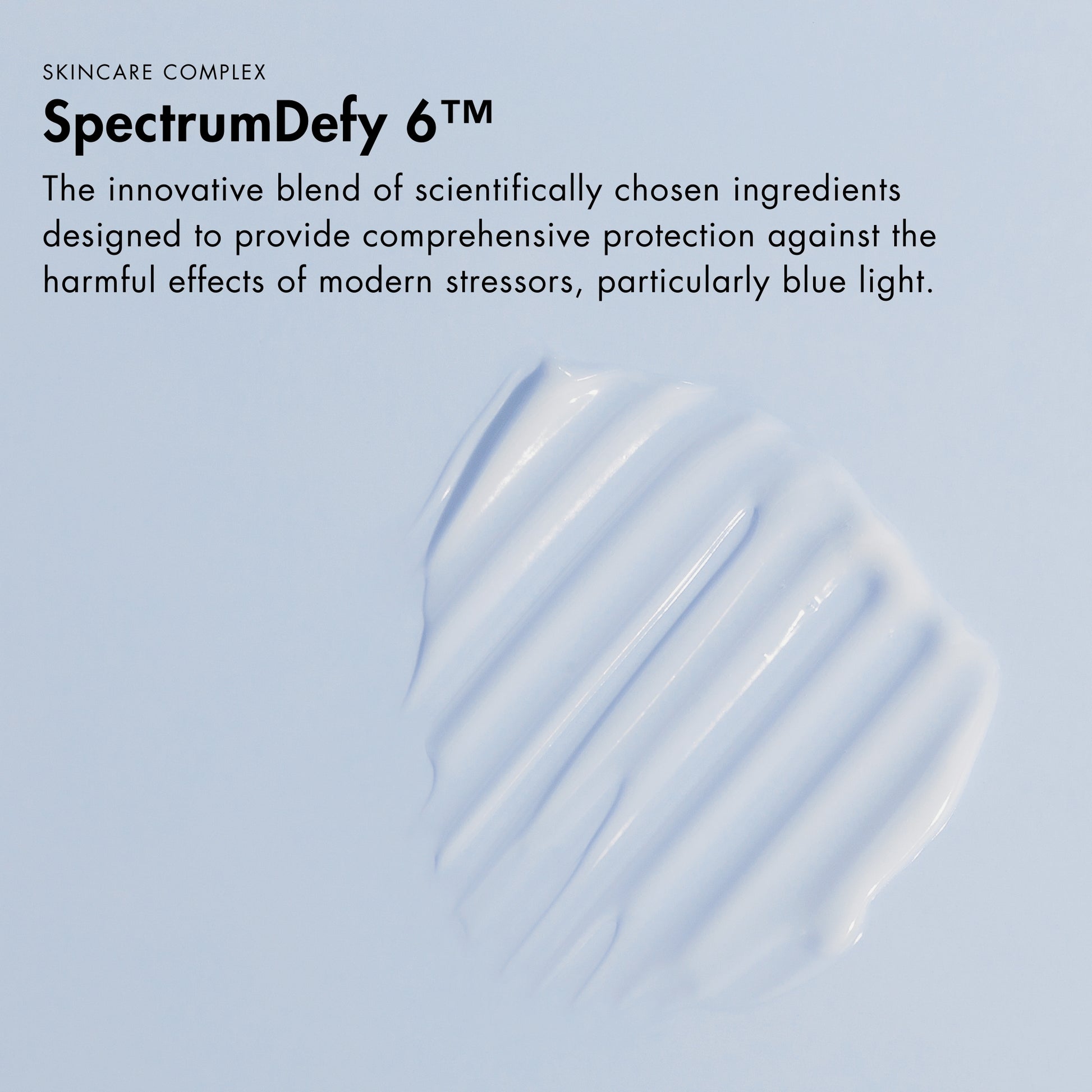 Close-up of the texture of Metamorfosi Skincare Anti-Stress Ultra-Moisturising Cream, and SpectrumDefy 6™ skincare complex information, highlighting the cream's consistency and advanced skincare benefits.