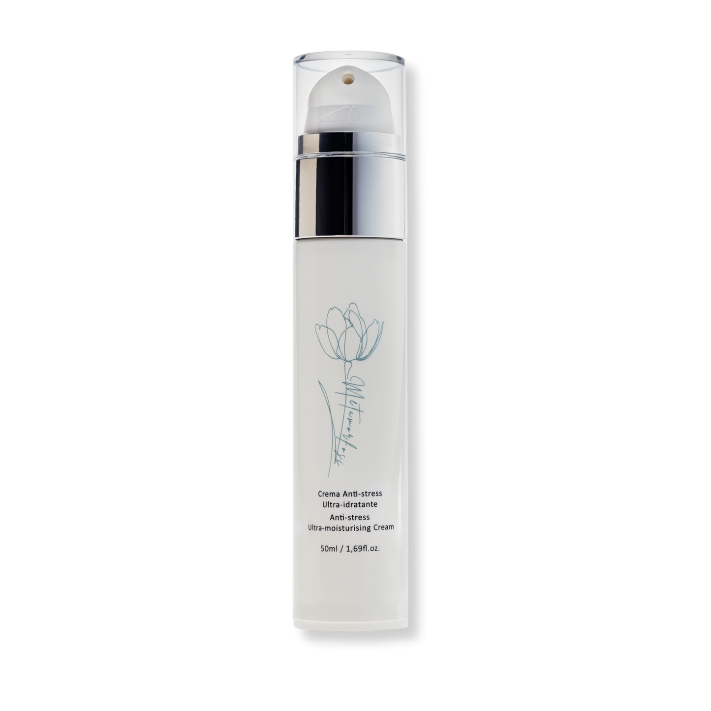 Metamorfosi Skincare Anti-Stress Ultra-Moisturising Cream in a 50ml airless bottle, highlighting its modern packaging for product preservation.