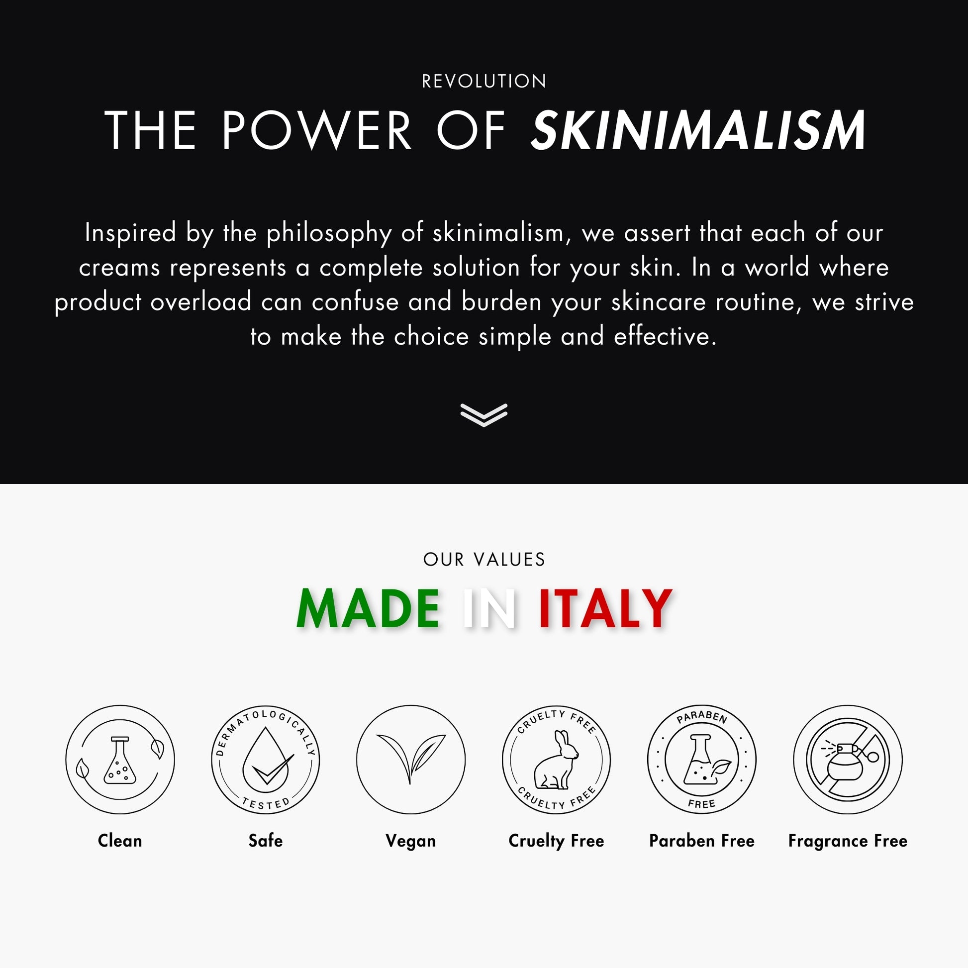 Metamorfosi Skincare Protection & Comfort Day Cream 50ml promoting skinimalism, highlighting its 'Made in Italy' quality.