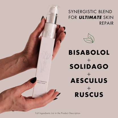 Ingredients list for Metamorfosi Skincare Repair Cream 50ml, highlighting the restorative components that contribute to effective skin repair and nourishment.