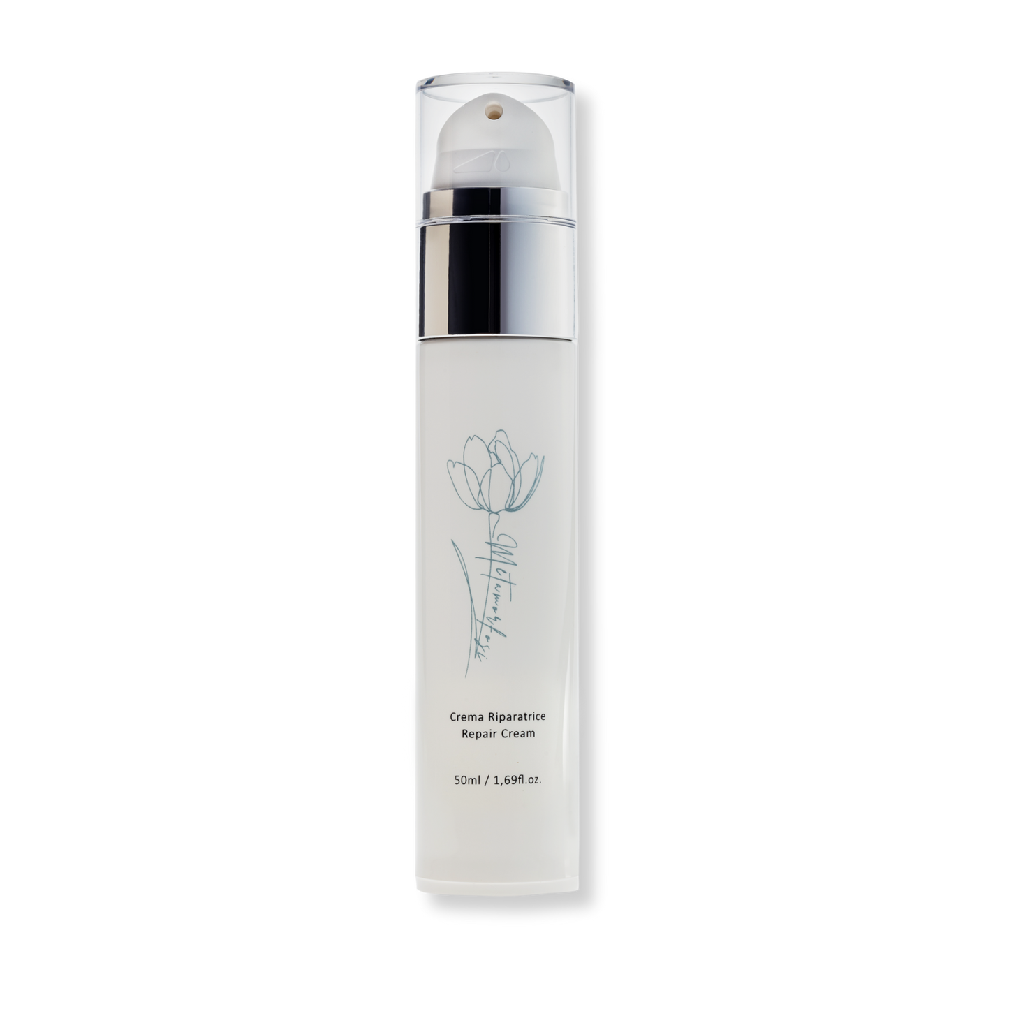 Metamorfosi Skincare Repair Cream in a 50ml airless bottle, designed to maintain the cream's freshness and effectiveness with advanced packaging.